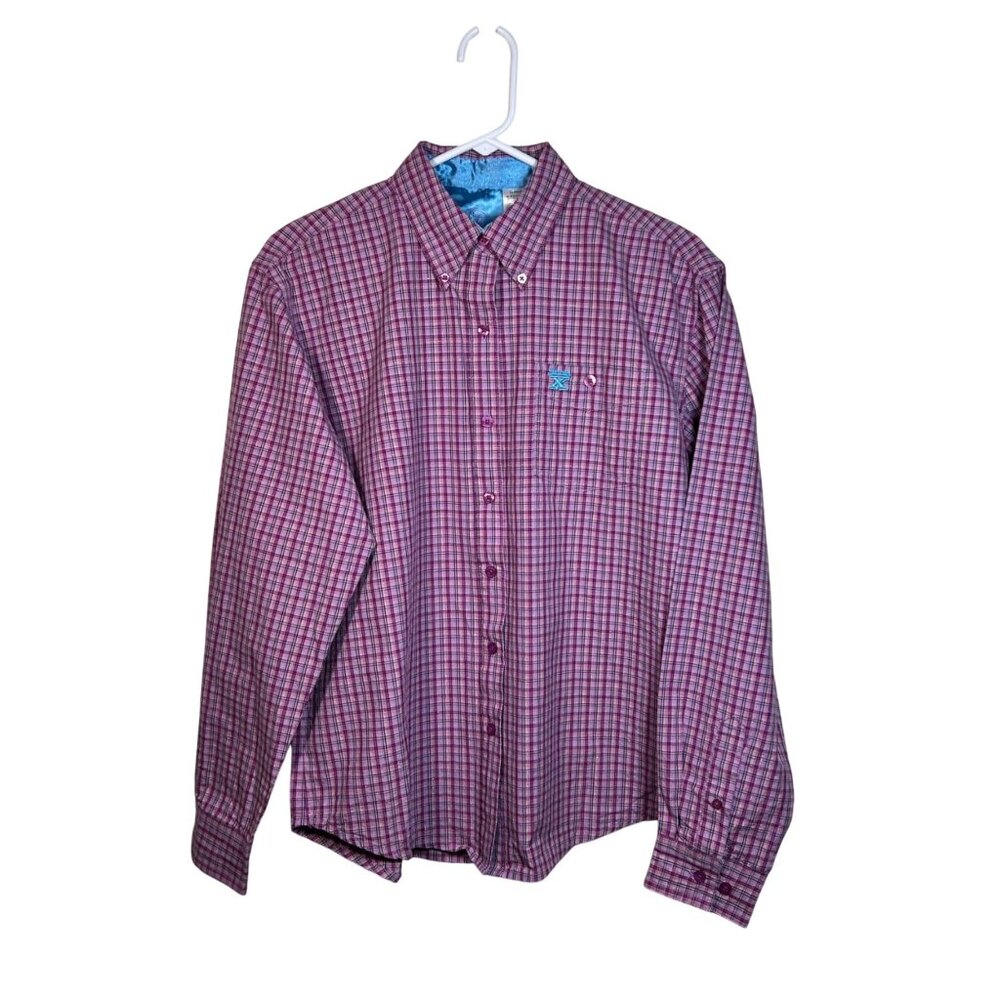 Twenty X Womens Pink Plaid Button-Up Shirt With Blue Satin Accents Long Sleeve S